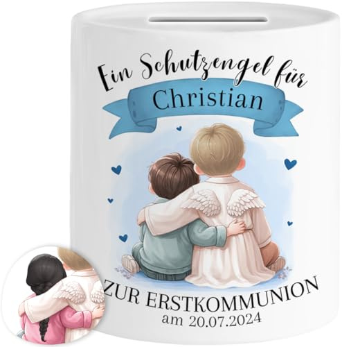 Tassenliebling® Kommunion Spardose personalisiert Datum und Namen für Mädchen und Jungen - Ein Schutzengel für - Beidseitiger Druck - Christliche Geschenke zur Erstkommunion