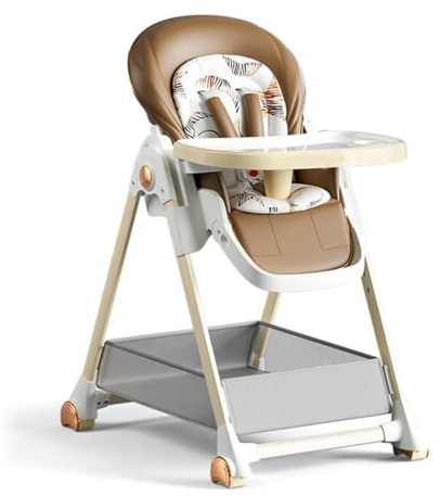 Chaise Bébé Kaki Pliable, Réglable, Double Plateau et Roues Intégrées