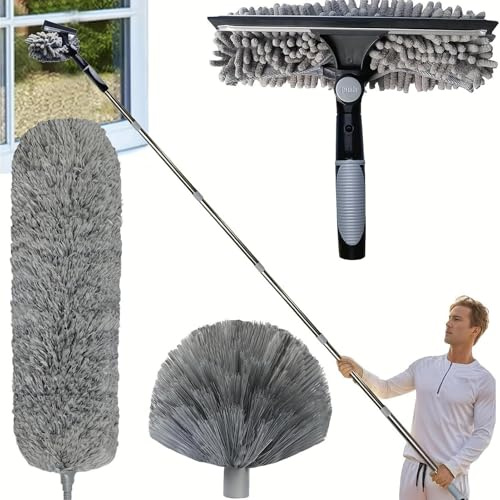 Kit De Dépoussiérage Haute Portée De De 6m, Store Kit De Plumeau Haute Portée avec Perche D'extension De 1.5 À 4.9m, Balai Telescopique, Kit De Nettoyage De Vitres 2 en 1 Plumeau pour Plafond Haut