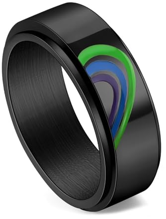 Calefee Drehring Edelstahl Anti Stress, Ring Personalisiert Herren Edelstahl Bandring Breit 8 mm Drehbar mit Herz Regenbogen Schwarz, gr. 62