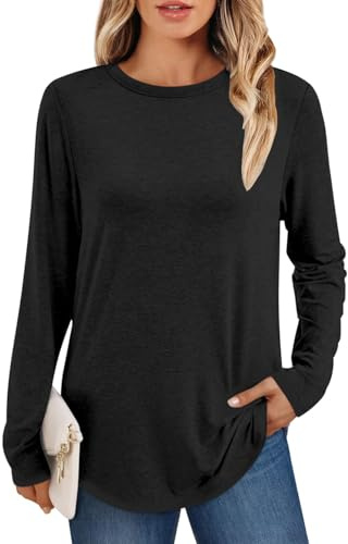 AirMood Camisetas casuales de manga larga lisas para mujer, tops tipo túnica, cuello redondo, ajuste holgado, camisetas, Negro, S