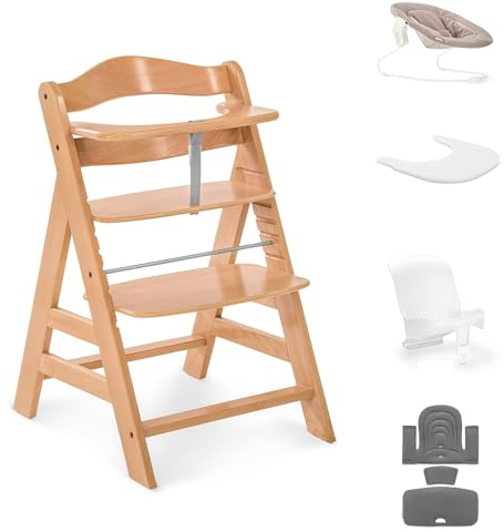 hauck Alpha+ Sparpaket Buche Natur - Hochstuhl aus Holz ab Geburt bis 99 Jahre - Mitwachsender Hochstuhl mit Neugeborenen-Wippe, Babysitzverkleinerer, Sitzpolster und Click-On-Tablett