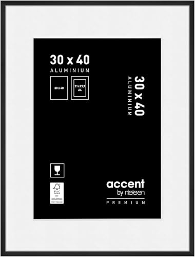 accent by nielsen Aluminium Bilderrahmen Accent Premium, 30x40 cm, Schwarz | Aluminium Fotorahmen mit Passepartout im Hoch- & Querformat zum Aufhängen Schwarz matt Echtglas Premium