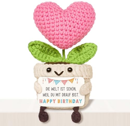 Giftasy Geburtstagsgeschenk für Frauen – Handgehäkelte Herzblume mit Energiekarte, Geschenke für Frauen, Mama, Freundin, Oma, Schwester, Geburtstag, Happy Birthday