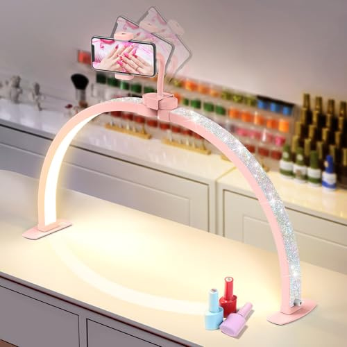 Adonafy Desktop Halbmondlampe für Nägel: 29 LED Halbmond Wimpern Lampe mit Telefonhalter - 3 Farbmodi Und 10 Helligkeitsstufen Einstellbar Halbmondlicht für Nagelstudio Handwerk (Rosa, Groß)
