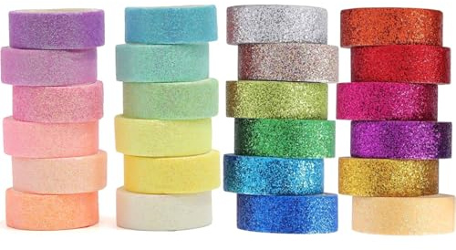 BetterJonny 24 Rollen Washi Tape, Glitzer Washi Tape Set Klebeband Bunt Abklebeband Kinder Klebeband Bunt für Scrapbooking, DIY Handwerk und Bullet Journals (2mx12mm/Rollen)