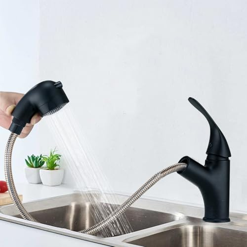 Grifo de Baño Extensible Negro, Grifo de Lavabo Extensible con Ducha, Mezclador de Agua Fría y Caliente con 2 Tipos de Chorro, Monomando de Alta Presión para Lavabo