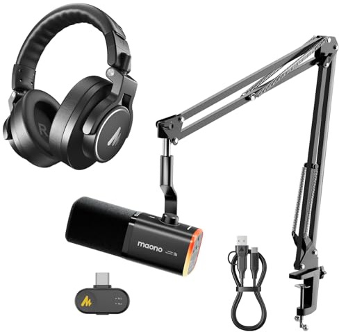MAONO PD100WS Kabelloses Gaming Mikrofon, 2.4GHz Wireless & USB Dynamisches PC Mikrofon mit MH700 Studio Kopfhörer