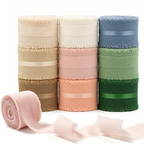 Nastro di Chiffon Setoso 9 Colori, Nastro di Seta in Chiffon 2.5 cm x 45 m, Tessuto con Frange Inviti a Nozze, Bouquet da Sposa, Decorazioni, Confezioni, Fai da Te (9 Colori)