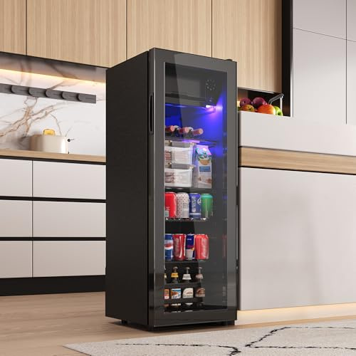 QSOST Mini Frigo 128L avec Petit Congélateur 8L, Réfrigérateur Silencieux 43dB, Thermostat Réglable -10°C à 10°C, Étagères Réglables, Éclairage LED, Stockage Jusqu’à 94 Cannettes, pour Maison