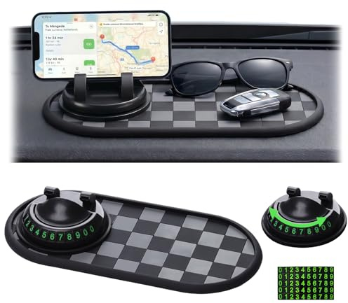 Multifunction Car Anti Slip Dashboard Accessories Mat with Adjustable 360°Rotatable Phone Holder | Temporary Parking Number, Large Pad Car Gadgets for Phone Sunglasses Daily Essentials (Gray)