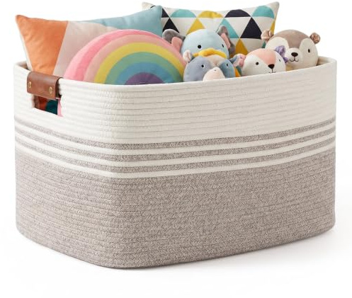 60L Large Cotton Rope Laundry Basket with Leather Handles, Woven Rope Storage Blanket Basket for Living Room, Decorative Wicker Toy Storage Bin, Rectangular Clothes Hamper for Bedroom, 53x38x29cm - WB