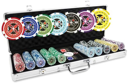 Pokeo Valigetta Poker 500 Fiches - Set Poker Professionale in Alluminio con Fiches Laser 12g, 2 Mazzi di Carte, Dadi, Dealer Button - Valigetta Alu Chiudibile Texas Holdem