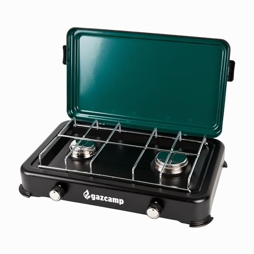 Gazcamp Gaskocher Campingkocher 2,4 kW 50 mBar 2 flammig Weiß mit Deckel 1/4 Linksgewinde-Anschluss Kocher Herd Camping Outdoor Grodenberg