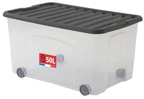 SUNDIS Ventilo, Aufbewahrungsbox Rädern, 50L | Grau deckel, transparentem Kunststoff, stapelbar, ideal für die Aufbewahrung von Zimmer, Spielzeug, Schreibtisch, Wäsche