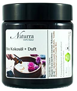 Naturra Bio Kokosöl 100g kaltgepresst nativ mit Bio-Vanille Extrakt Indisch ätherisches Öl Wellnessöl Körperöl Aromatherapie Naturkosmetik Deiner Wahl - Vanilla planifolia