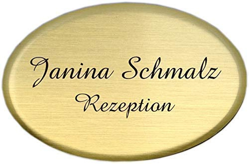 Aluminium - Kunststoff-Namensschilder oval inkl. Namensdruck/Gravur mit Magnet silberfarbig Größe 62x40 mm (gold gebürstet)