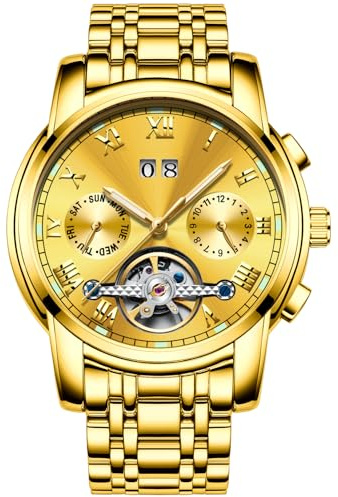 RORIOS Business Tourbillon automatisk mekanisk klocka för män rostfritt stål kalender lysande pekare multifunktionell armbandsur, Guld