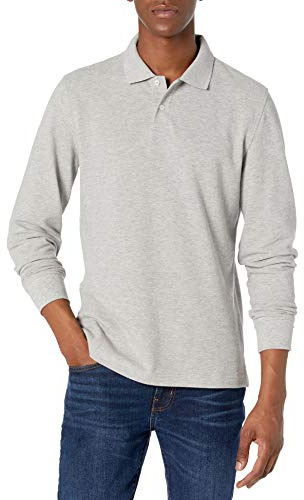 Amazon Essentials Polo en Piqué à Manches Longues, Coupe Ajustée Homme, Gris Medio Mezcla, M