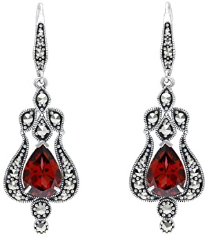 Esse Boucles d'oreilles dormeuses en argent sterling Marcassite avec grenat taillé en poire et marcassite Art nouveau