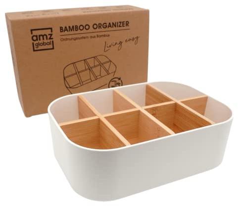 amzglobal Premium ECO Bambus Organizer für Kosmetik, Schreibtisch, Küche, Badezimmer, Barzubehör und Haushalt, 8 Fächer, rutschfest, multifunktional, ohne Plastik