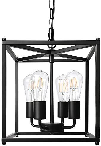 Unicozin 4-Light Black Farmhouse Chandelier, Iron Lantern Pendant Light Rustic Cage Adjustable Height, E26 Base Industrial Hanging Lights for Kitchen Island Dining Room Hallway Foyer Entryway