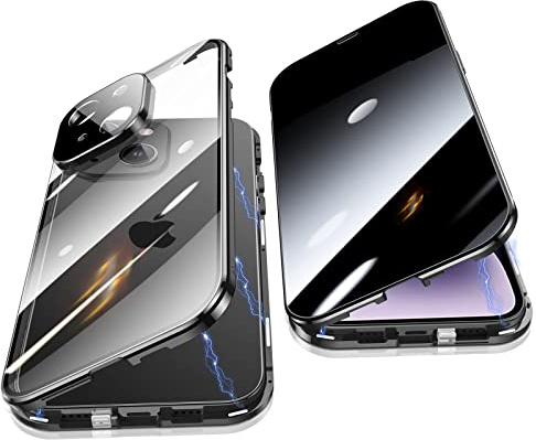 Jonwelsy Anti Peeping Hülle für iPhone 14 Plus (6.7), 360 Grad Schutz Case, Privatsphäre Gehärtetes Glas Anti-Spähen Cover, Stark Magnetische Adsorption Metallrahmen Handyhülle für 14 Plus (Schwarz)