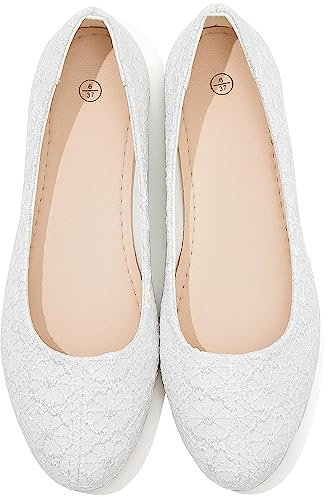 Dress Shoes for Women Round Toe Flats Shoes Lace Ballet Flats Dressy Comfortable Foldable Flats Low Heel(White.us8)