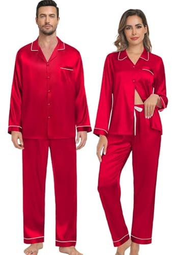 SWOMOG Seidenpyjama Herren Lang Satin Schlafanzug Button Down Pyjamas Set Zweiteiliger Nachtwäsche Silk Loungewear Pyjamahose
