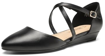 Zapatos planos de cuña baja con punta puntiaguda y tiras al tobillo para mujer, elegantes, cómodos, informales, sin cordones, para negocios, oficina y trabajo.,Size 40.5,Negro-Pu,SDFA2402W