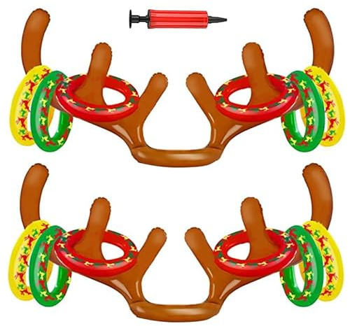Voarge 2 Stück Aufblasbares Geweih Rentier Geweih Ring Wurf Spiel, mit 12 Ringe und 1 Luftpumpe Weihnachtsspiele für Kinder