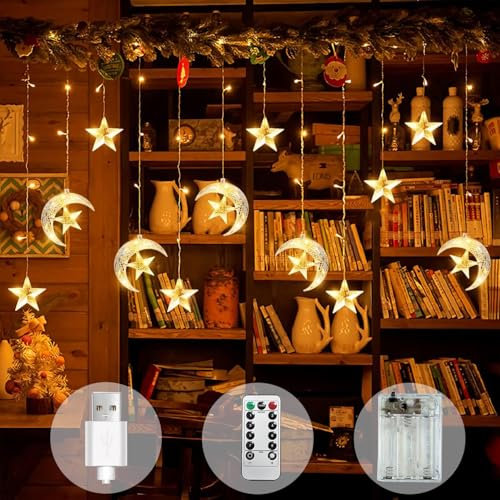 Woukksy Luci Natale 3,5M Stella Luna Tenda Luminosa Natale Esterno Interno USB/Batteria con Timer e Telecomando, 8 Modalità Luci Natalizie LED per Finestre, Feste, Tende, Balcone, Bianco Caldo