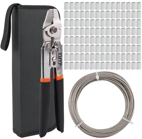 YMYP Up to 2.2mm Wire Rope Crimping Tool with 120 Pcs Sleeves 98FT 1/16’’ Stainless Steel Wire Rope Kit, M1.5 Aluminum Double Barrel Ferrule, SwagingTool with Cutting Function