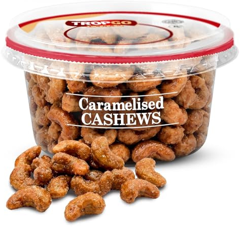 Tropgo Caramelised Cashews 180 Gr - Sweet Nuts in a Resealable and Recyclable Nut Tub - Healthy Nuts Trail Mix with Fibre Protein and Essential Minerals