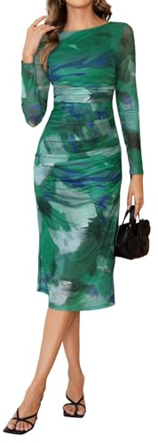 MakeMeChic Women's Long Sleeve Wedding Guest Dress Formal Tie Dye Mesh Ruched Bodycon Cocktail Long Dresses Green Medium
