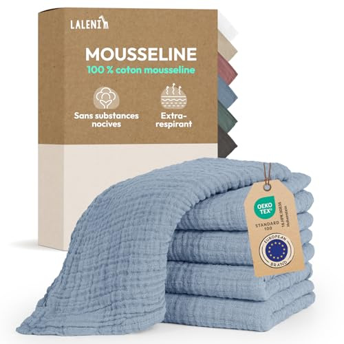 Laleni Mulltorkdukar baby 5-pack, muslin i 100% bomull 70 x 70 cm, absorberande och tvättbara – Blå