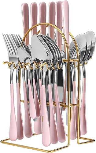 24 Pieces Flatware Set, Stainless Steel Cutlery Set with Silverware Holder Spoons Forks Knives, Utensils Set Service for 6 People, Silverware Set for Wedding Birthday Parties Restauroom (Silverpink)