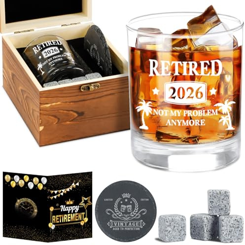 Amosking 2026 Retirement Gifts for Men, 2026 Retired Whiskey Glass Set | Happy Retirement Gifts for Him, Dad, Friends, Happy Retire Anniversary Card, Wood Box, Coaster, Whiskey Stones