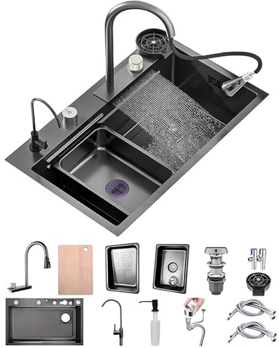 50cm Breite Küchenspüle Edelstahl Rechteck, Wasserfall Spüle, Spüle Küchemit Hahnloch Und Überlauf，Siphon, Multifunktionale Barspüle, Küche Arbeitsstation(Black-Grey B,70x50cm)