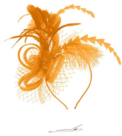 Karneval Federn Fascinators Kopfschmuck für Damen Blumen Netz Feder Haarschmuck Hut Braut Haar Zubehör Hochzeit Hüte HatClips Elegant Feder Schleier Stirnband für Party Kirche (Orange, One Size)