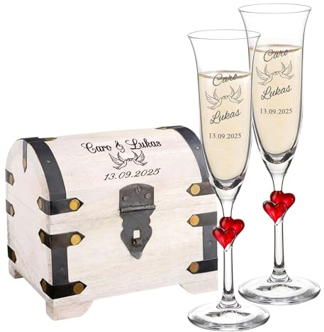 Casa Vivente Geschenkset zur Hochzeit, Sektgläser und weiße Schatztruhe mit Gravur, Tauben, Personalisiert mit Namen und Datum, Deko Holztruhe, Hochzeitsgeschenke für Brautpaar, Geldgeschenke