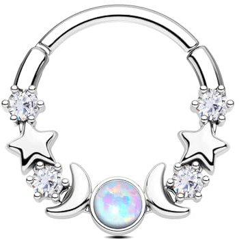 CM Crareesi Mania Mond Stern Septum Daith Piercing Gold Silber 316L Edelstahl 16G Daith Helix Piercing Ohrringe Septum Ring Clicker mit Opal