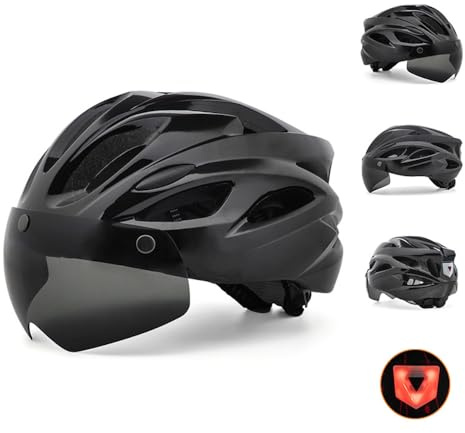 Casque de vélo homme/femme avec lumière LED – Casque de cyclisme avec visière magnétique amovible, super léger et respirant – Noir
