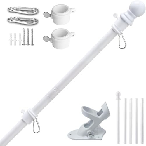NKFOOPDU 6 FT Wall Mounted Flag Pole, Adjustable Stainless Steel Flag Pole Kit with Holder, 360° Tangle Free Wall Mounted Flagpole for Outside House Garden Commercial (White)