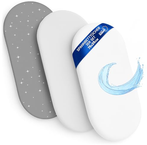 Lenzuola con angoli per passeggino Set di 3: 35x75 cm - 2 lenzuola + 1 coprimaterasso impermeabile - Accessori per lettino per culla co-sleeping carrozzina 35 x 75