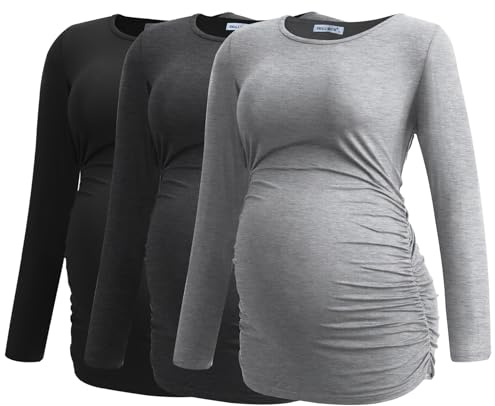 Smallshow Women's Maternity Tops Long Sleeve Pregnancy Clothes T Shirts 3-Packs,Black-Deep Grey-Light Grey,M