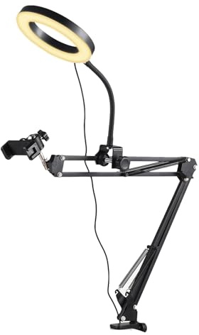 Kit da tavolo compatto con luce ad anello RGB, luce ad anello dimmerabile con braccio treppiede pieghevole, supporto per telefono con fotocamera dall'alto per studio, streaming