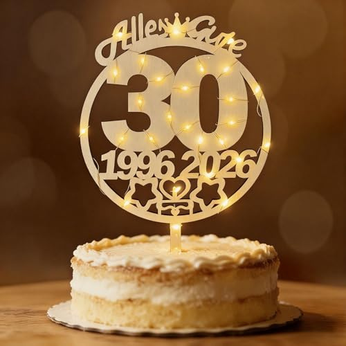 Tortendeko 30 Geburtstag Frau Mann 1996-2026, Seutgjie Deko 30. Geburtstag Jubiläum Hochzeitstag Cake Topper Perlenhochzeit Holz mit LED Lichtern Tortenaufleger Blumenstecker
