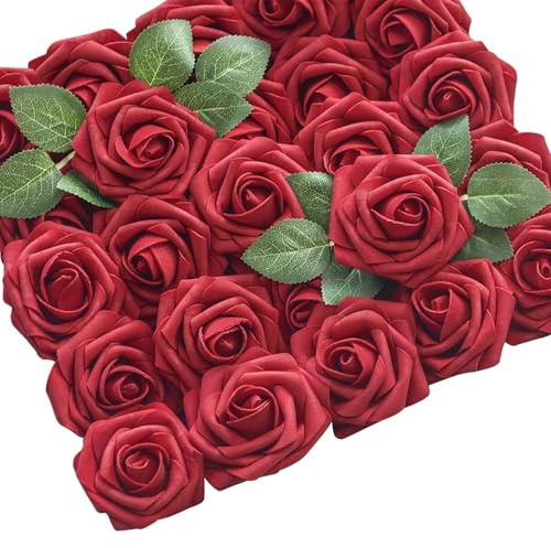 InteDesign 25PCS Artificial Rose Flowers with Stems for Wedding Decorations Fake Roses Flowers, Bridesmaid Bridal Bouquets Table Centrepiece and Wedding Car Decorations (Red)