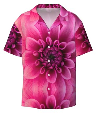 cchgnm Chemise de travail imprimée dahlia rose, chemise à manches courtes pour homme, chemise boutonnée de plage d'été, Noir , XXL